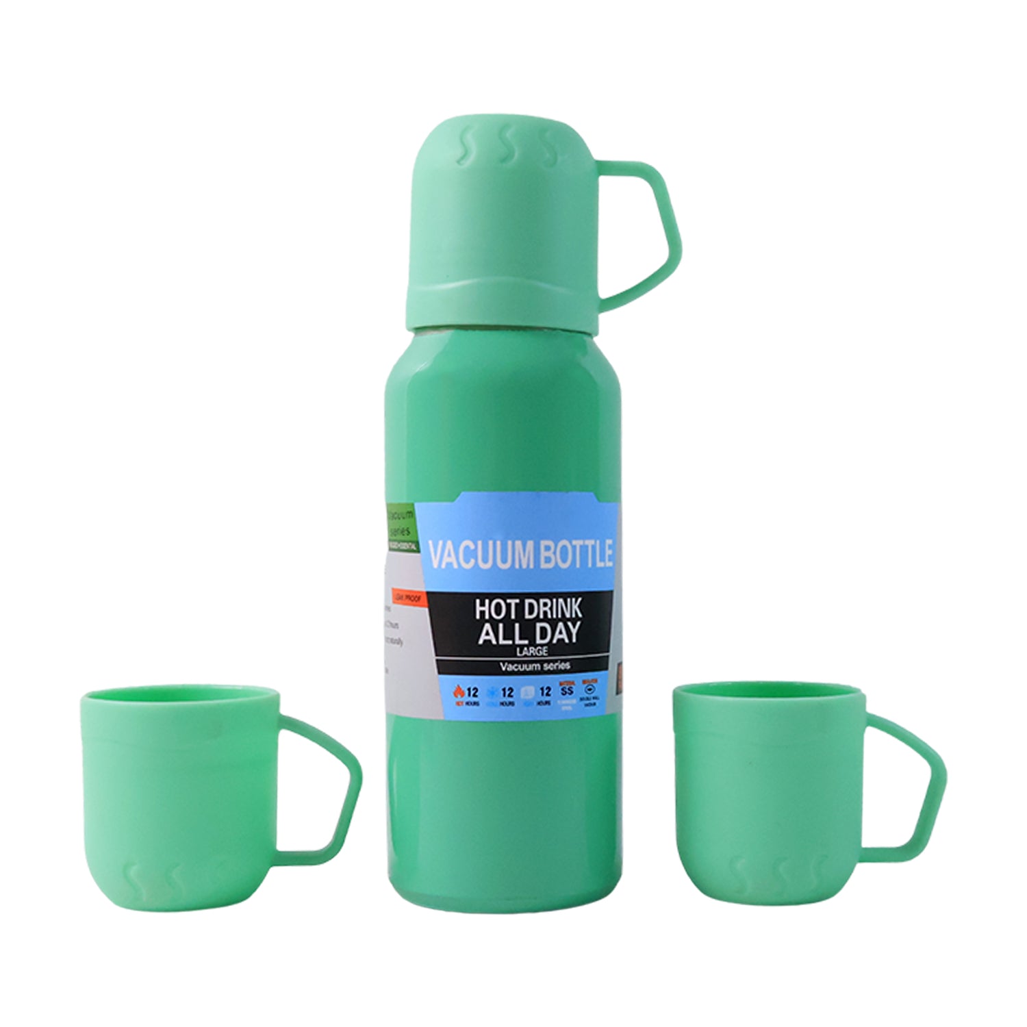 Green Vacuum Flask Set  Stainless Steel Thermos With 3 Cups Approx 500ml Green Vacuum Flask Set  Stainless Steel Thermos With 3 Cups Approx 500ml